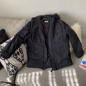 Black parka jacket with faux furr hood TOPMAN